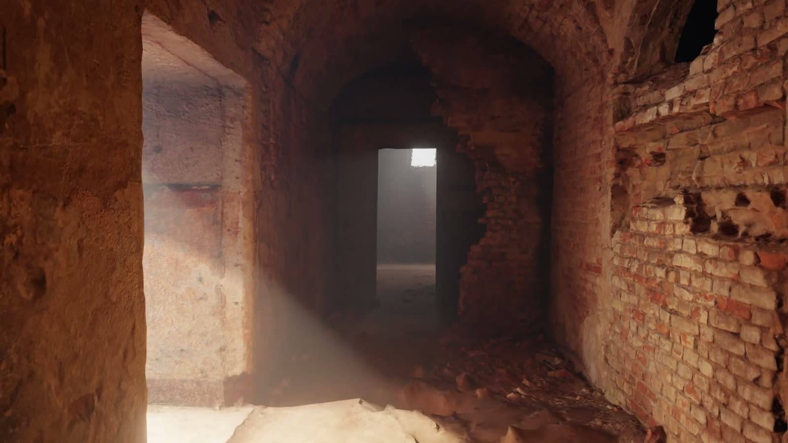 Brick corridor with a hazy shaft of window light
