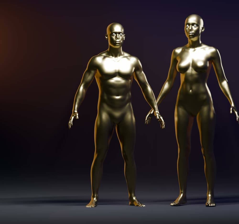 Two gold figures lit by warm and cool kickers