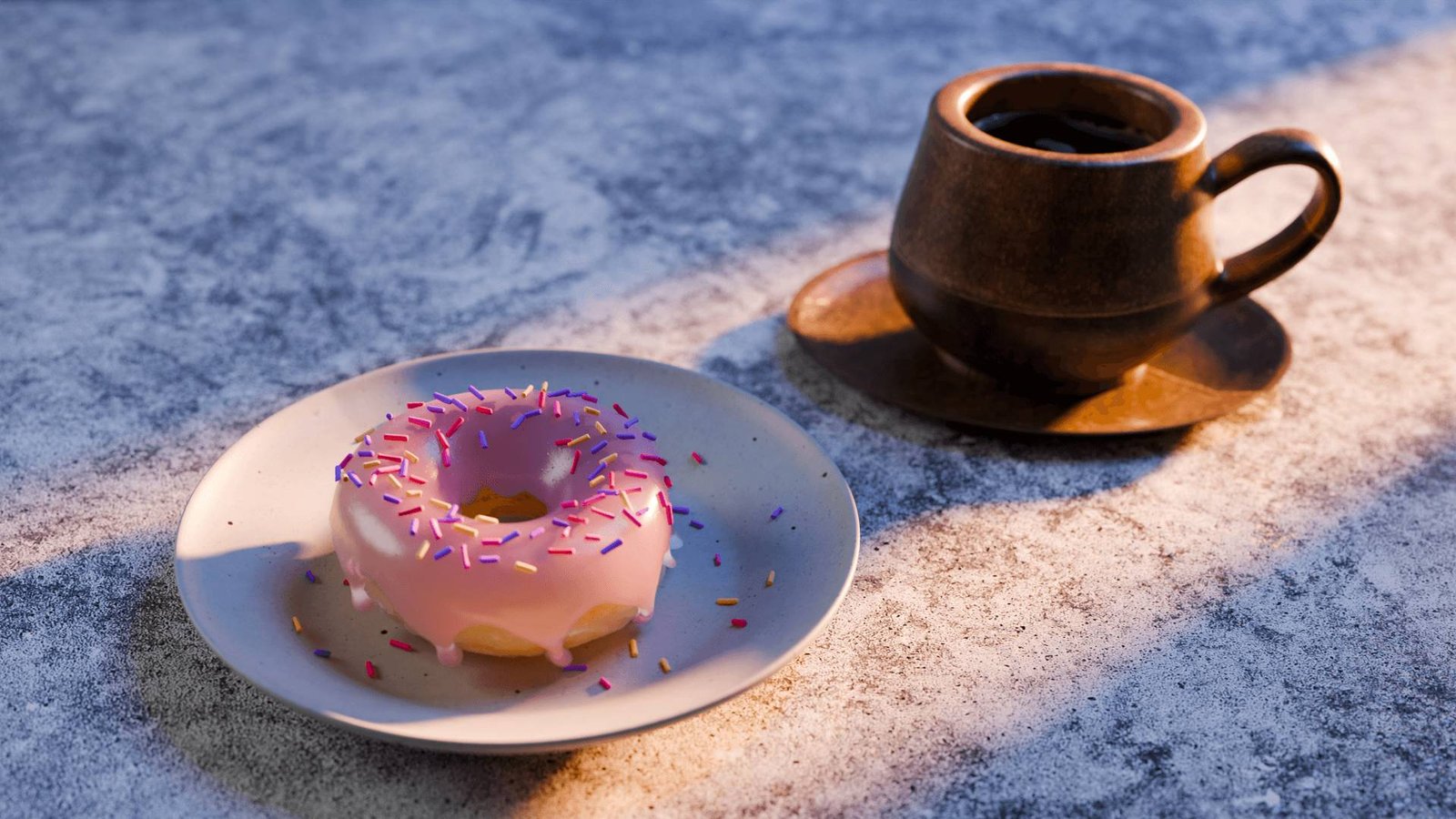 Blender render: a pink-iced donut on a plate and a cup, in warm raking light