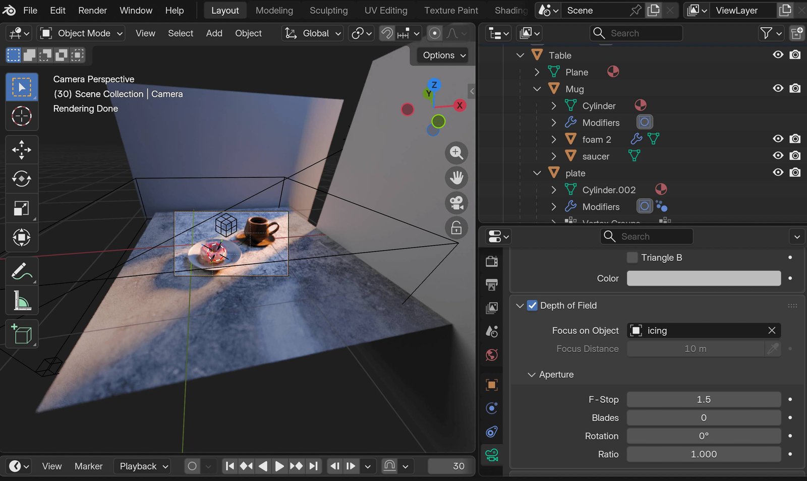 Screenshot of the scene in Blender: camera, lights and the properties panel