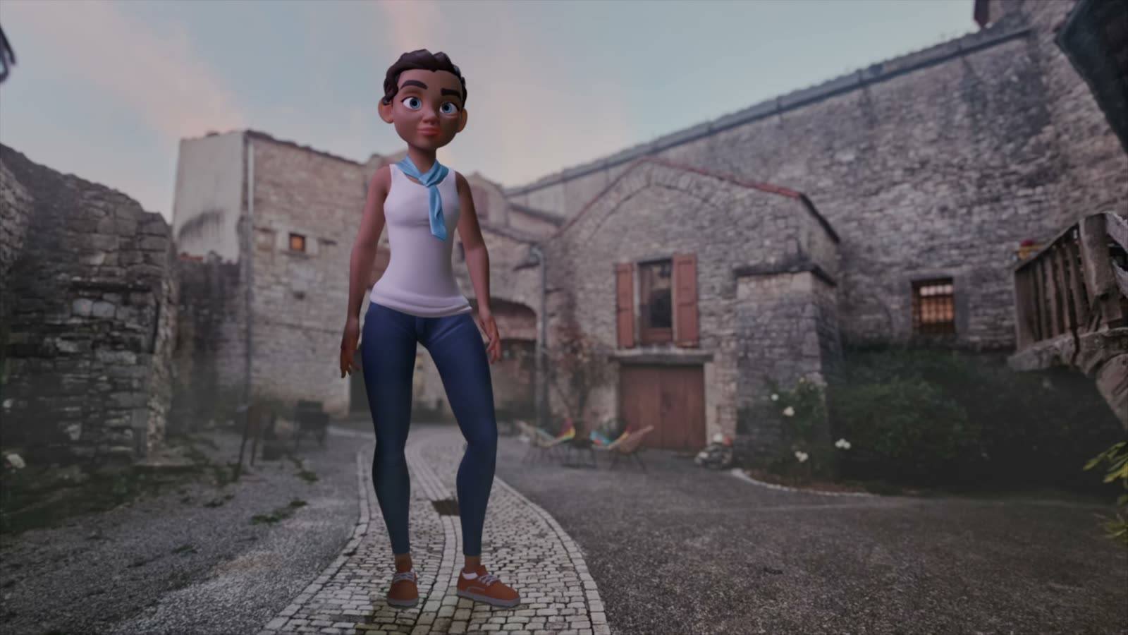 Animated character Rain standing in a cobbled courtyard at dusk