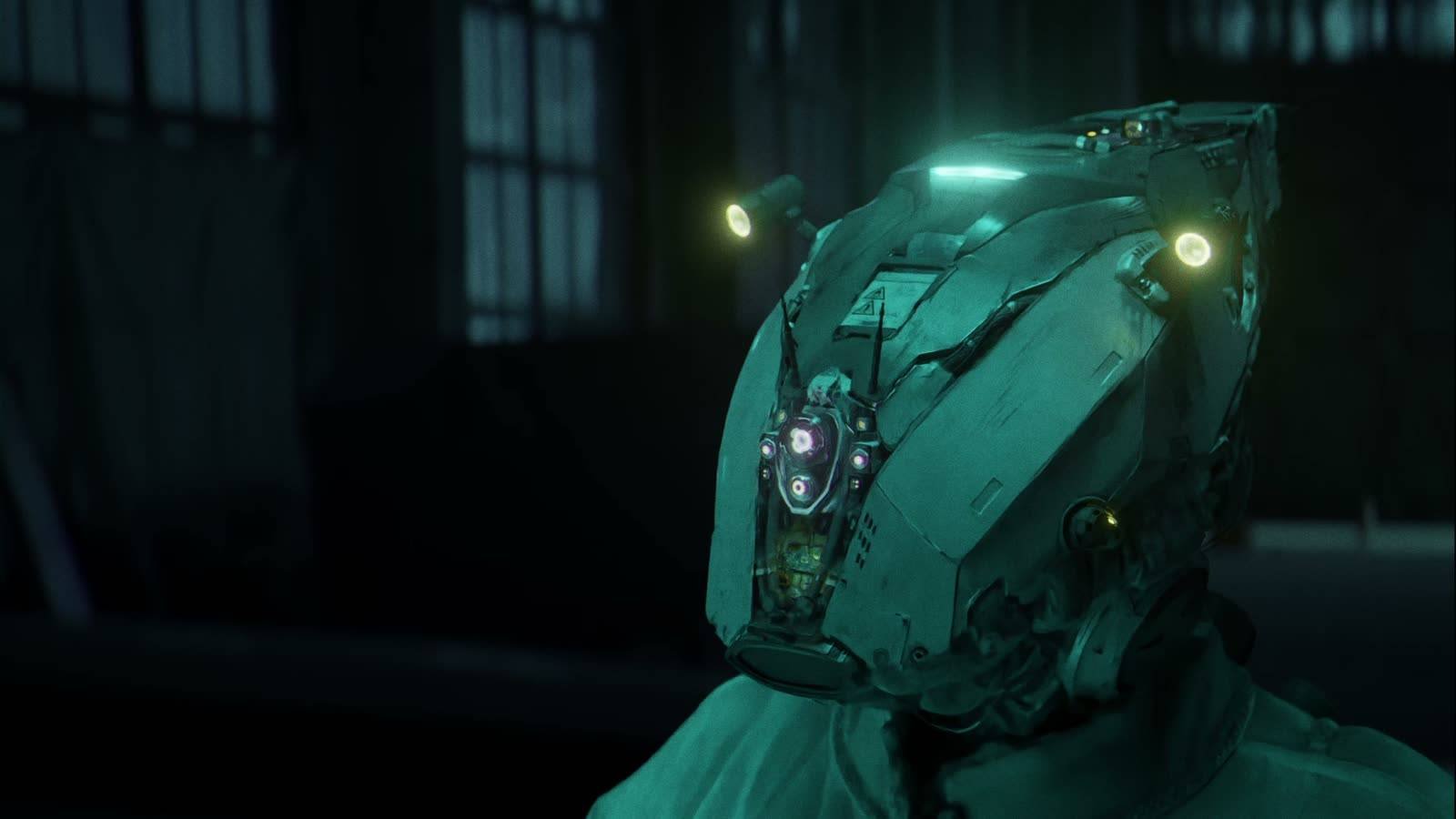 Robot head relit in teal in a dark warehouse